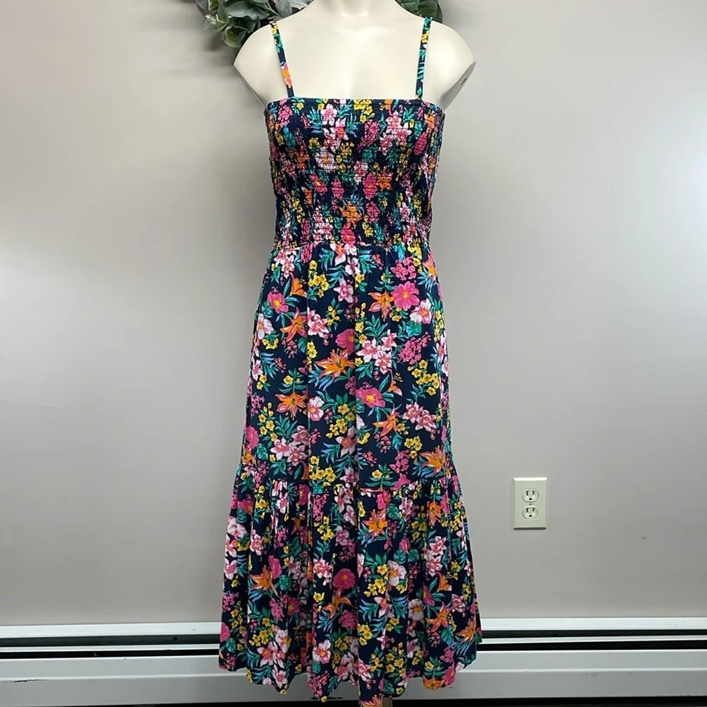 NWT J. Crew Smocked Top Floral Midi Dress Spaghetti Strap Summer Sundress XS